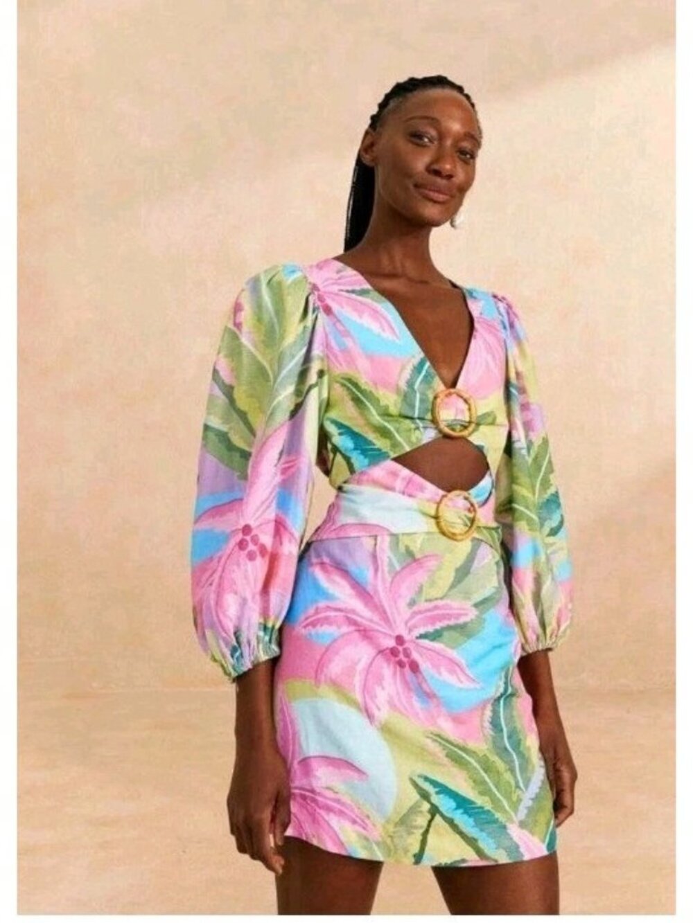 NWT Farm Rio Beach Vibe Mini Dress XS Cutout Bamboo Ring Tropical Linen Blend